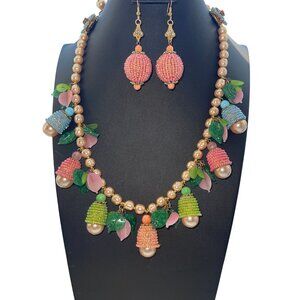 Vintage Stanley Hagler NYC Glass Beaded & Faux Pearl Necklace & Earring Set Flor